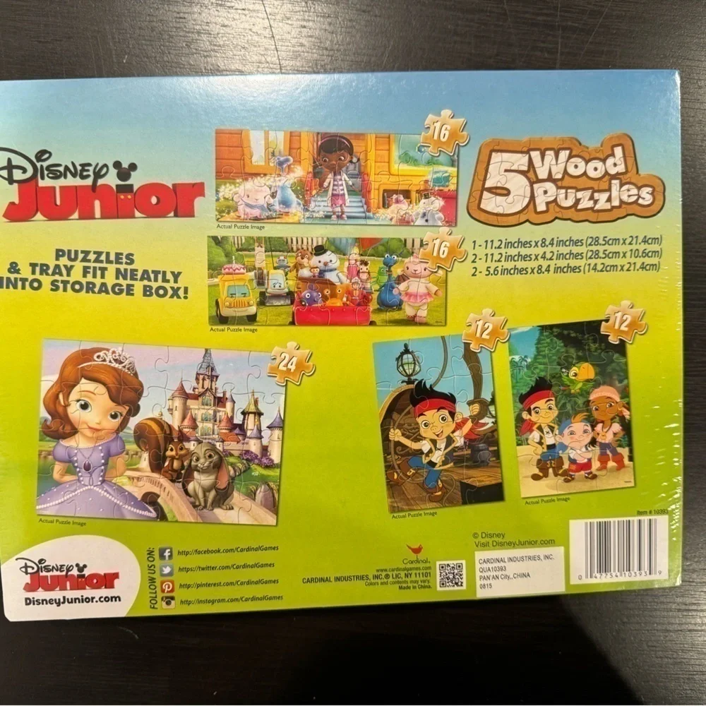 Disney Junior 5 Wood Puzzles in Different Sizes All Fit in Storage Box NWT